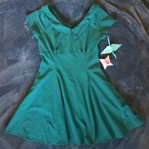 Turquoise and black dot pleated dress